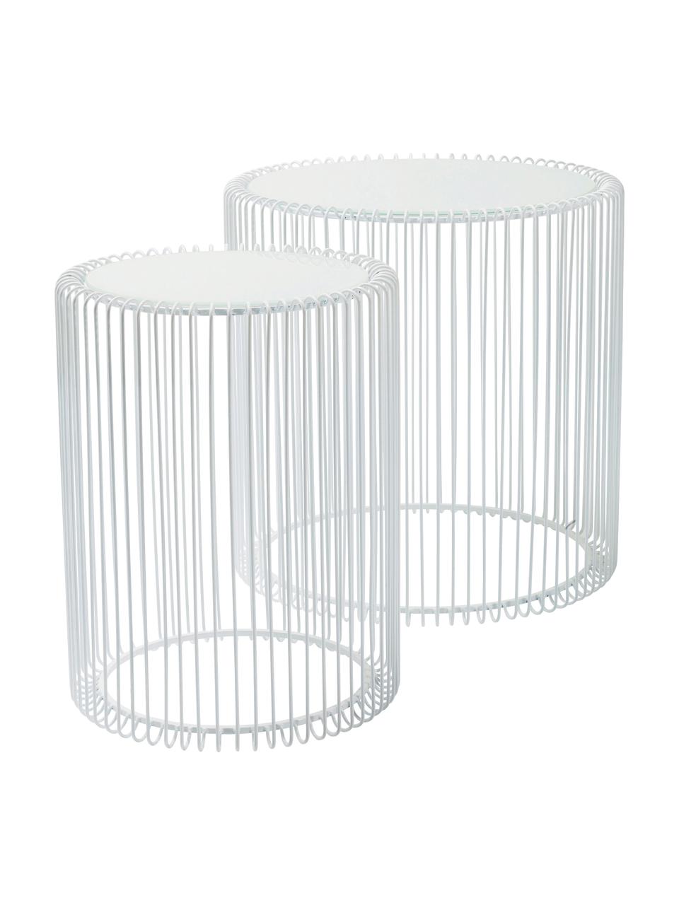 Komplet stolików pomocniczych z metalu ze szklanym blatem Wire, 2 elem., Stelaż: metal malowany proszkowo, Blat: szkło hartowane foliowane, Biały, Komplet z różnymi rozmiarami