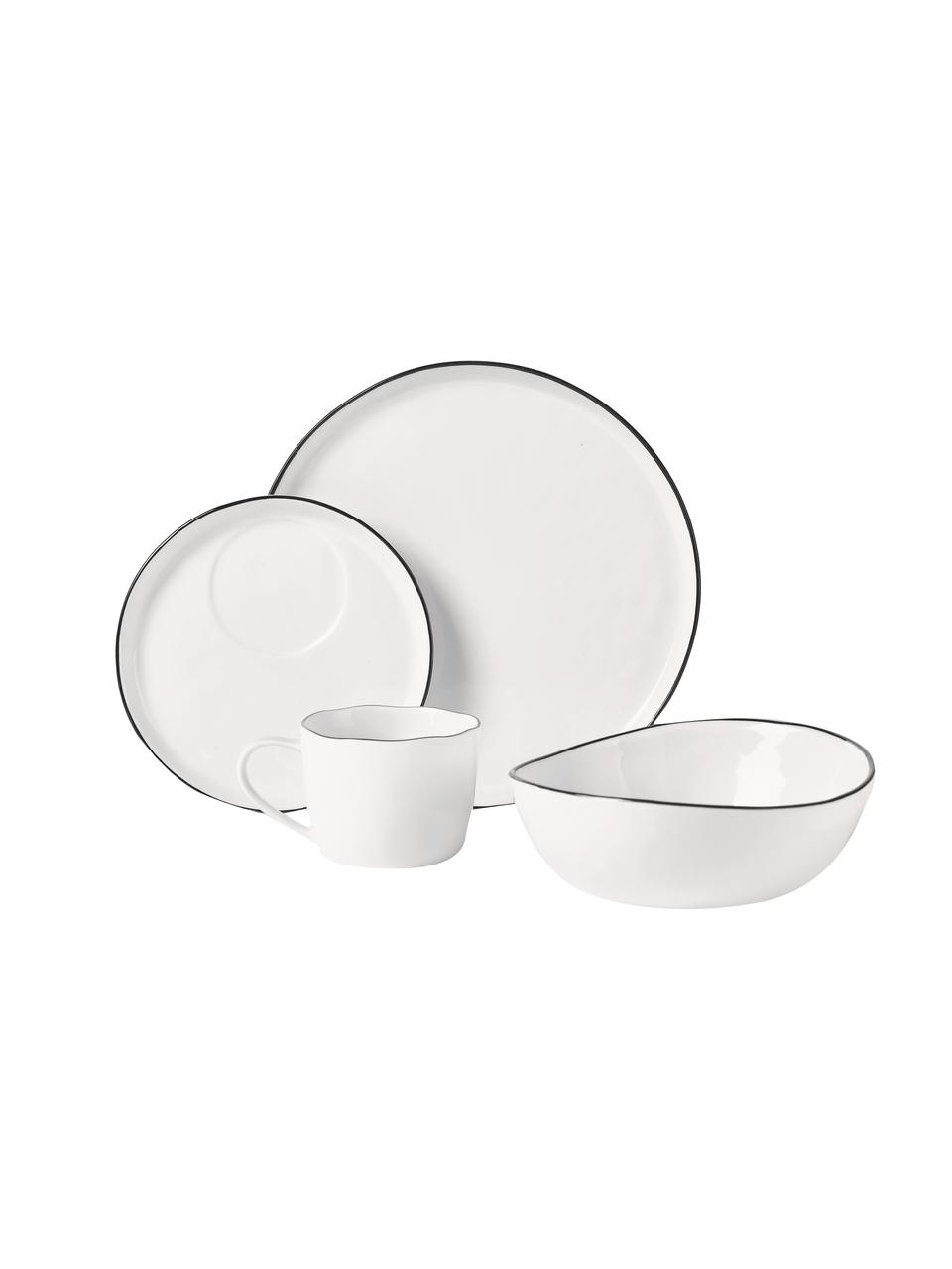 Set de desayuno artesanal de porcelana Salt, 4 comensales (16 pzas.), Porcelana, Blanco crudo con borde negro, Set de diferentes tamaños