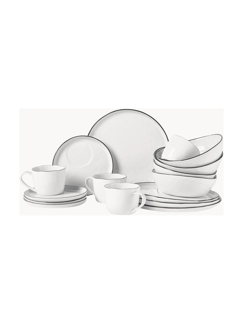 Set 16 stoviglie per colazione fatto a mano in porcellana per 4 persone Salt, Porcellana, Bianco latte con bordo nero, 6 persone (16 pz)