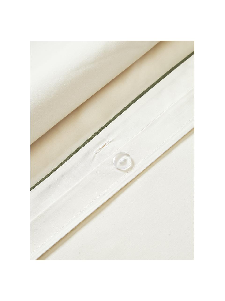 Housse de couette en percale de coton avec passepoil Daria, Blanc crème, vert olive, larg. 200 x long. 200 cm