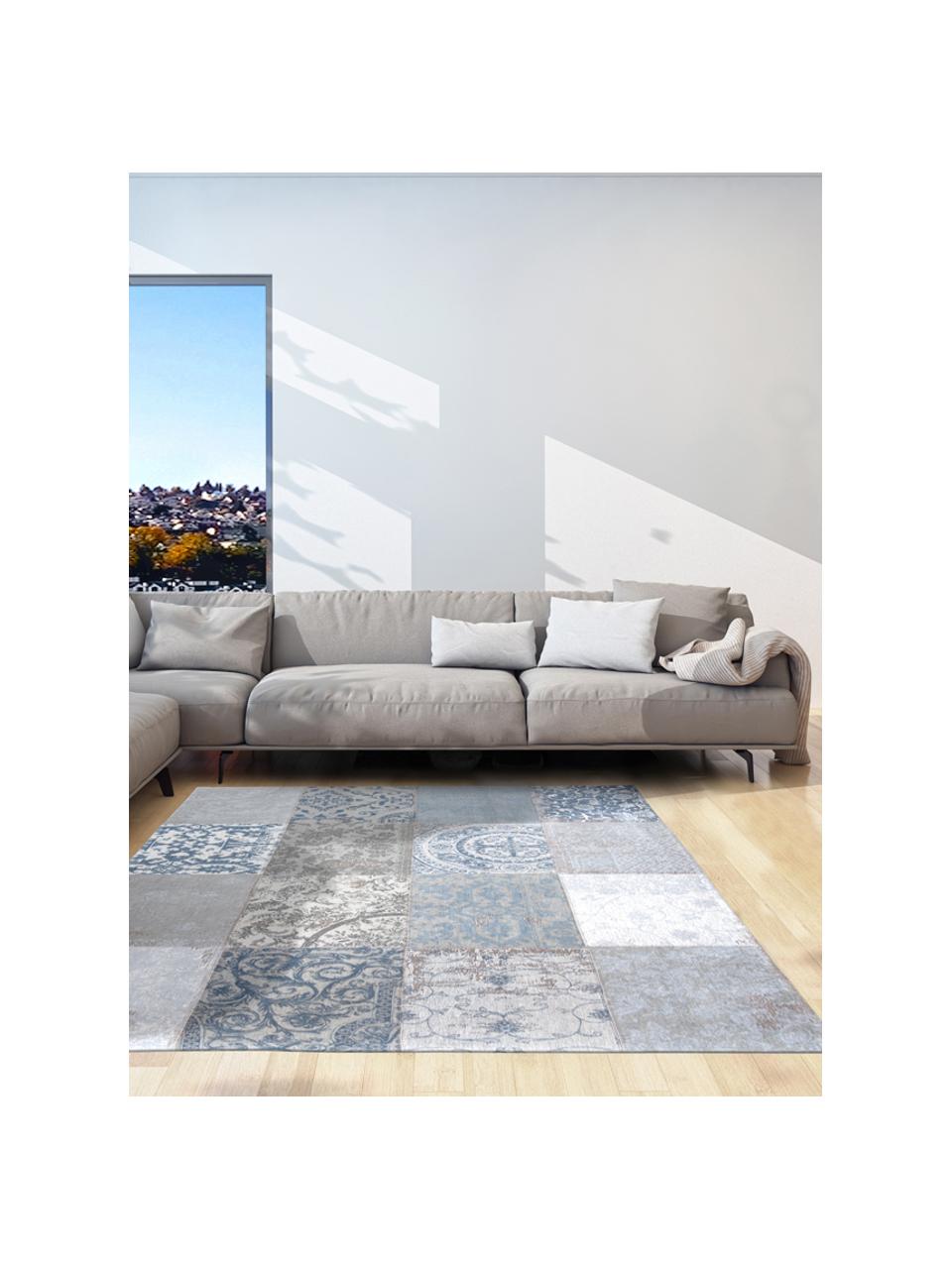 Tappeto con disegno patchwork Multi, Retro: Miscela di cotone, rivest, Blu, grigio, Larg. 140 x Lung. 200 cm (taglia S)