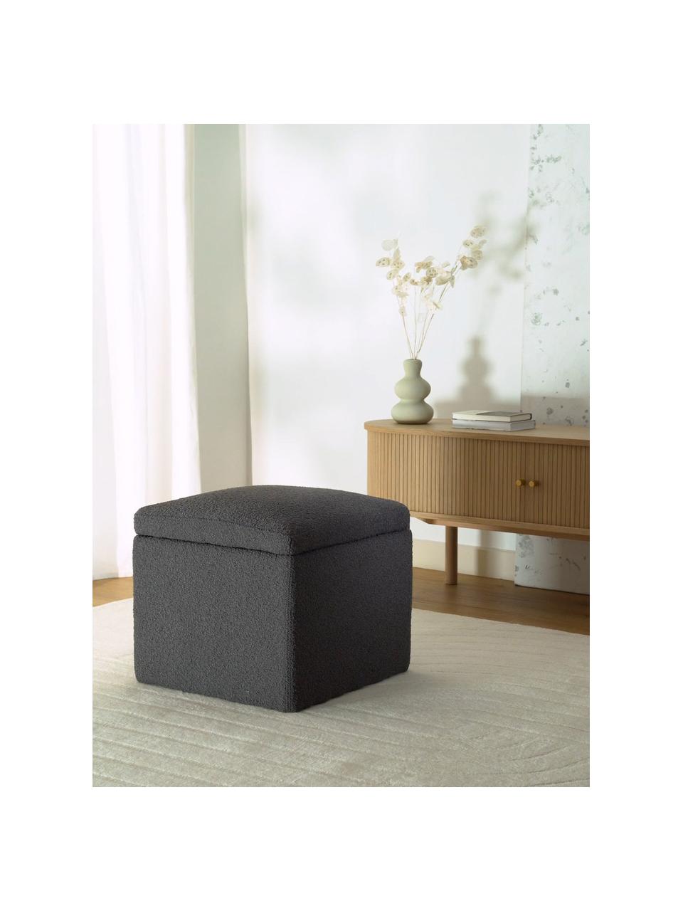 Pouf avec rangement tissu bouclé gris foncé Winou, Tissu bouclé gris foncé, larg. 50 x haut. 48 cm