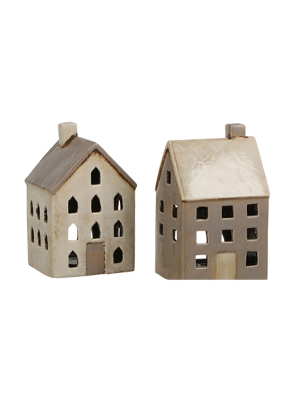 Windlichtenset Houses, 2-delig, Keramiek, Crèmekleurig, taupe, 10 x 20 cm