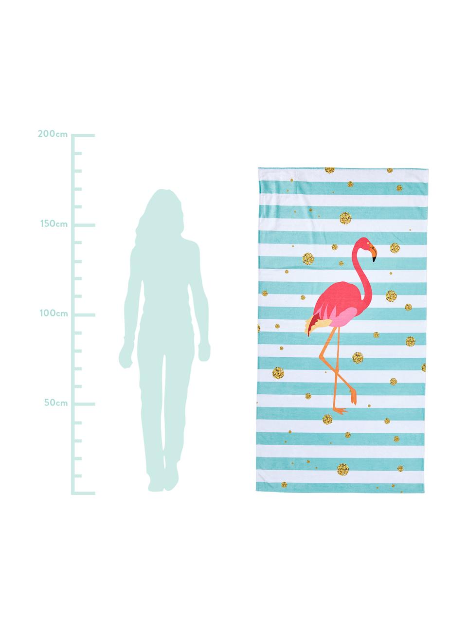 Serviette de plage Case Flamingo, Bleu, blanc, rose vif, couleur dorée