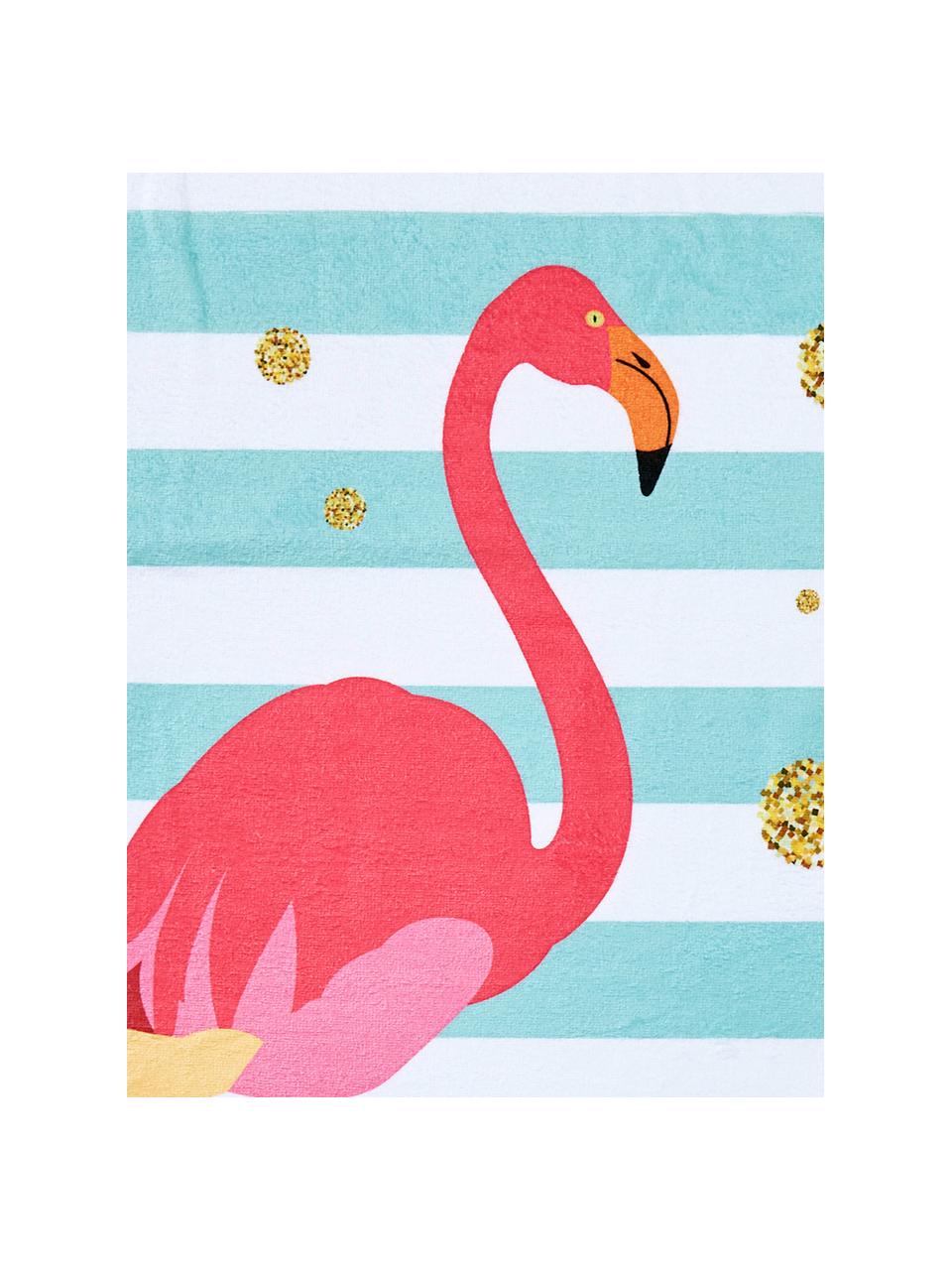 Strandlaken Case Flamingo, Onderzijde: badstof, Blauw, wit, roze, goudkleurig, 90 x 180 cm