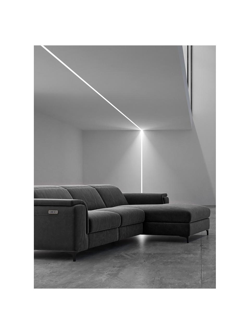 Divano angolare in velluto grigio con funzione relax Brito, Rivestimento: 100% velluto di poliester, Sottostruttura: compensato, legno di fagg, Grigio, Larg. 300 x Prof. 170 cm