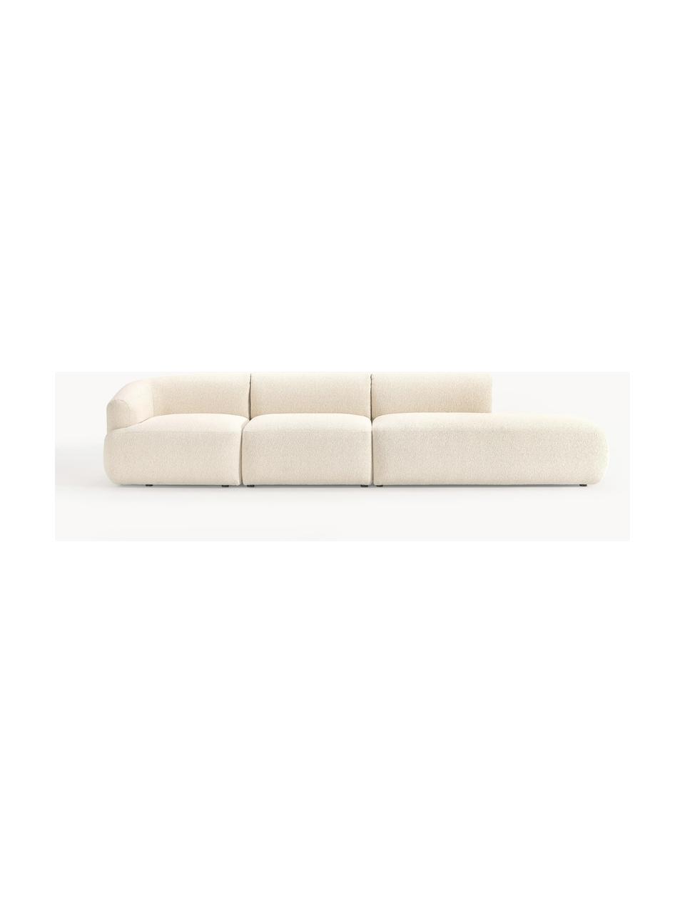 Diván modular grande en tejido bouclé Sofia, Tapizado: tejido bouclé (100% polié, Estructura: madera de abeto, tablero , Patas: plástico Este producto es, Bouclé blanco Off White, An 340 x F 103 cm, módulo esquina izquierda