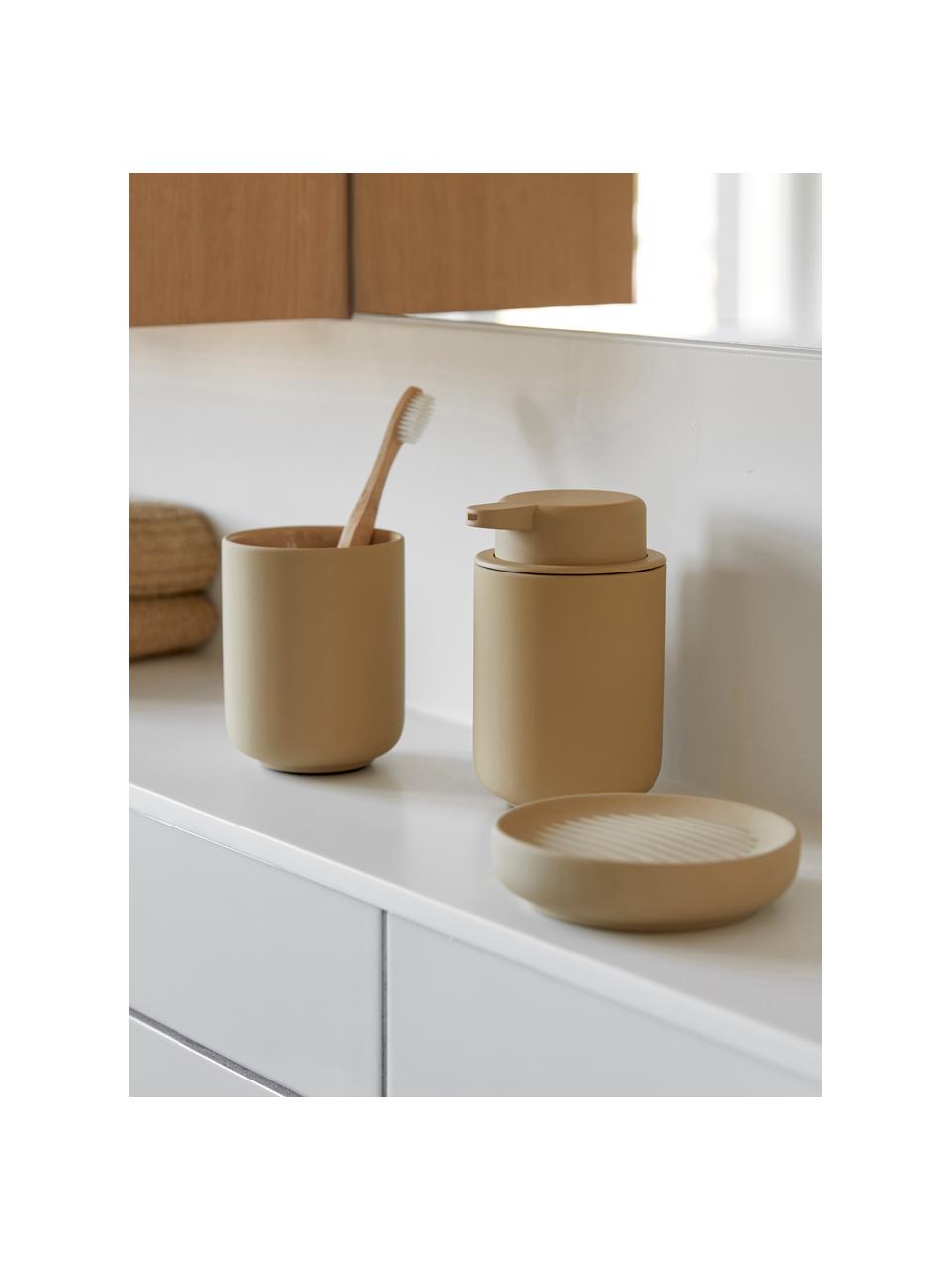 Dispenser sapone in gres Ume, Terracotta rivestita con superficie Soft Touch (plastica), Color sabbia, Ø 8 x Alt. 13 cm