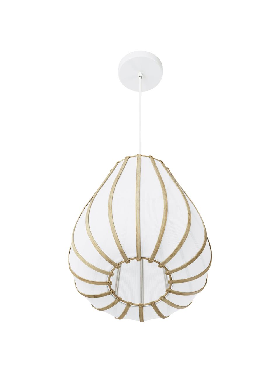 Hanglamp Salma van bamboehout, Lampenkap: textiel, bamboehout, rota, Wit, helder hout, Ø 35 x H 35 cm