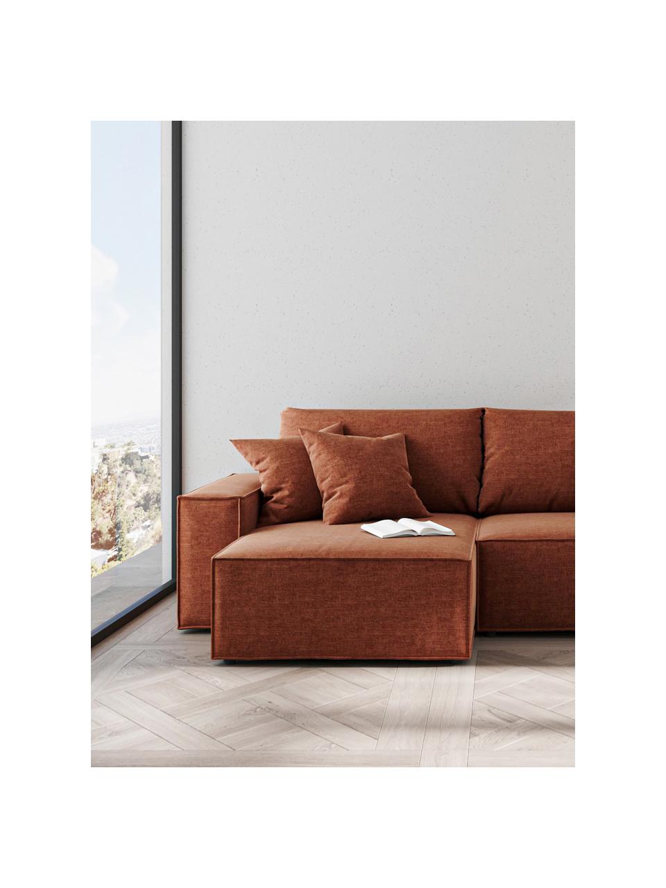 Divano letto angolare 3 posti con contenitore Melow, Rivestimento: 100% poliestere Con 80.00, Struttura: legno duro, legno tenero,, Tessuto color terracotta, nero, Larg. 250 x Prof. 150 cm