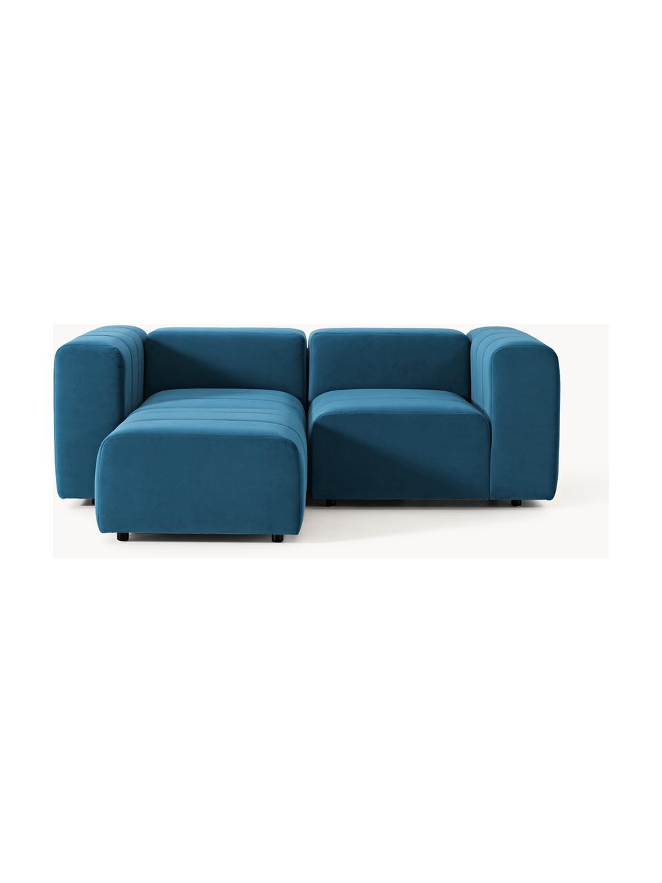 Canapé modulable 3 places en velours avec pouf Lena, Velours bleu pétrole, larg. 211 x prof. 181 cm