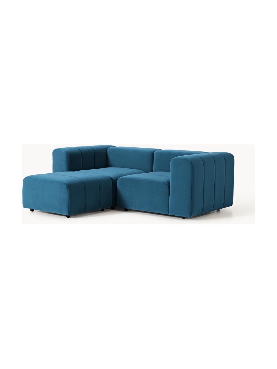 Canapé modulable 3 places en velours avec pouf Lena, Velours bleu pétrole, larg. 211 x prof. 181 cm