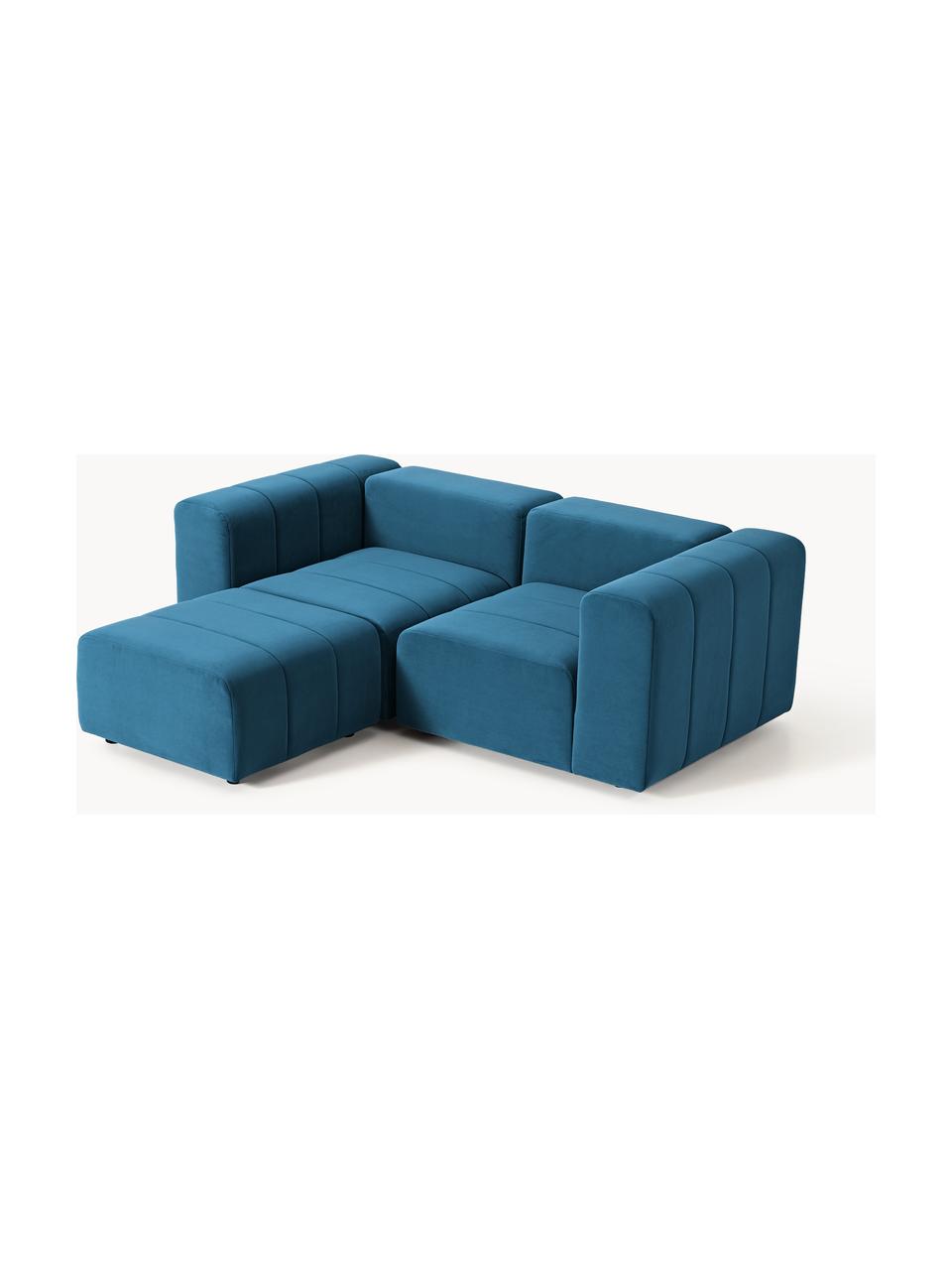 Canapé modulable 3 places en velours avec pouf Lena, Velours bleu pétrole, larg. 211 x prof. 181 cm