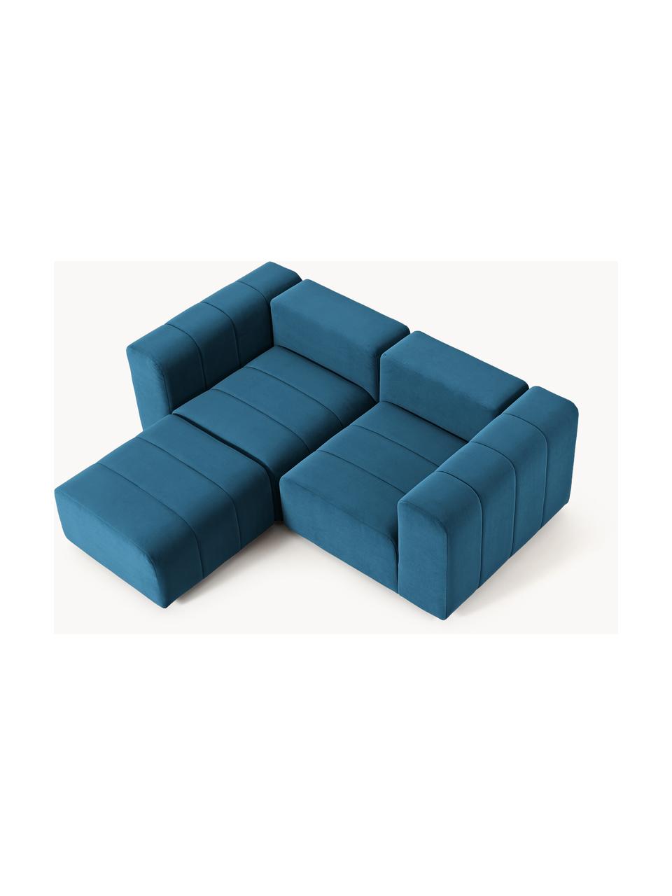 Canapé modulable 3 places en velours avec pouf Lena, Velours bleu pétrole, larg. 211 x prof. 181 cm