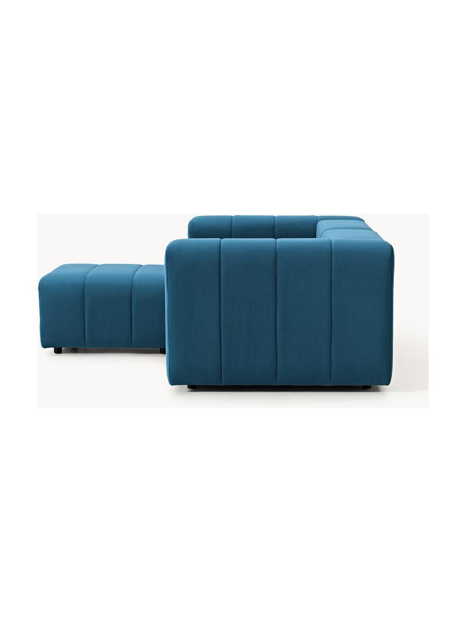 Canapé modulable 3 places en velours avec pouf Lena, Velours bleu pétrole, larg. 211 x prof. 181 cm