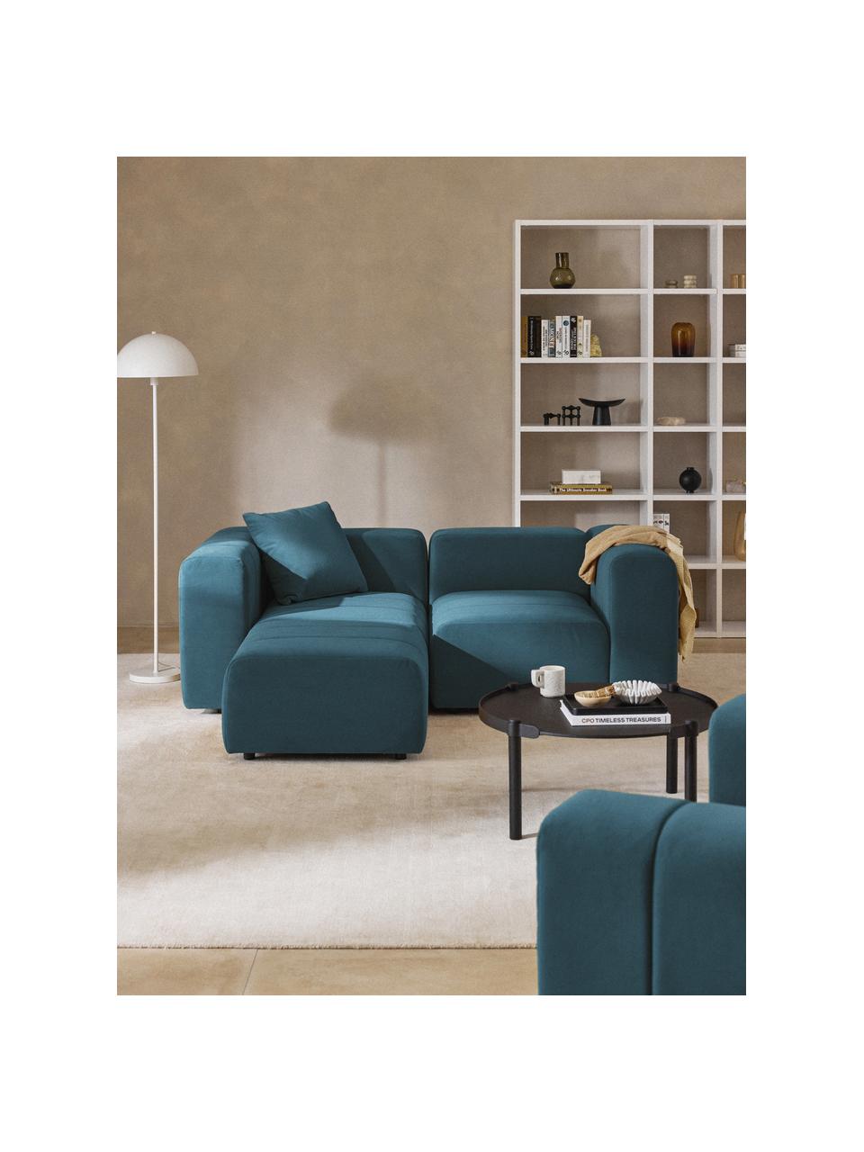 Modulares Samt-Sofa Lena (3-Sitzer) mit Hocker (links/rechts), Bezug: Samt (100 % Polyester) De, Gestell: Buchenholz, Spanplatte, H, Samt Petrol, B 211 x T 181 cm