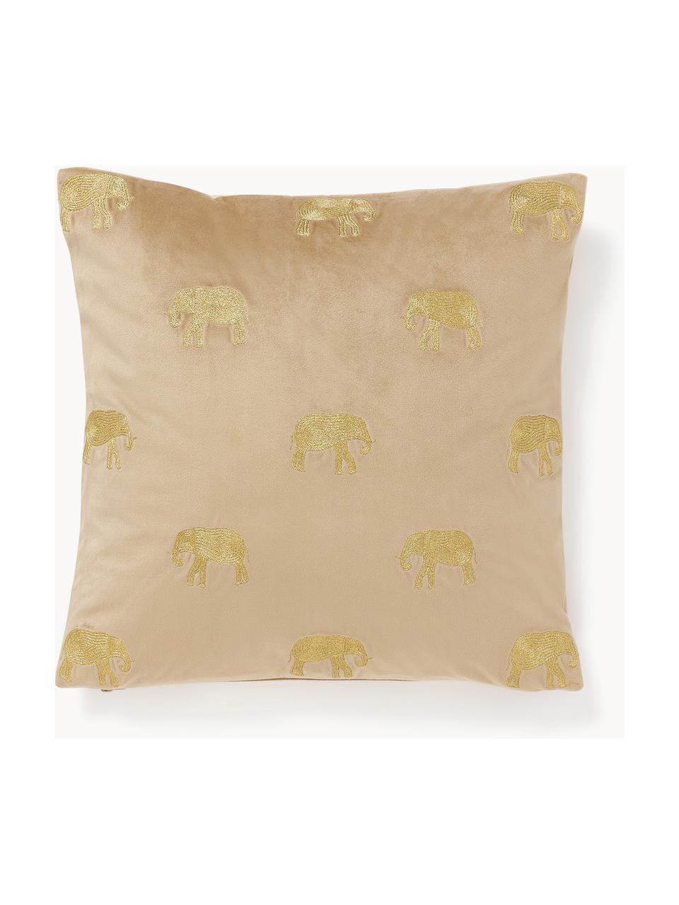 Housse de coussin 40x40 en velours brodé Elefco, 100 % velours de polyester, Beige, dorée, B 45 x L 45 cm