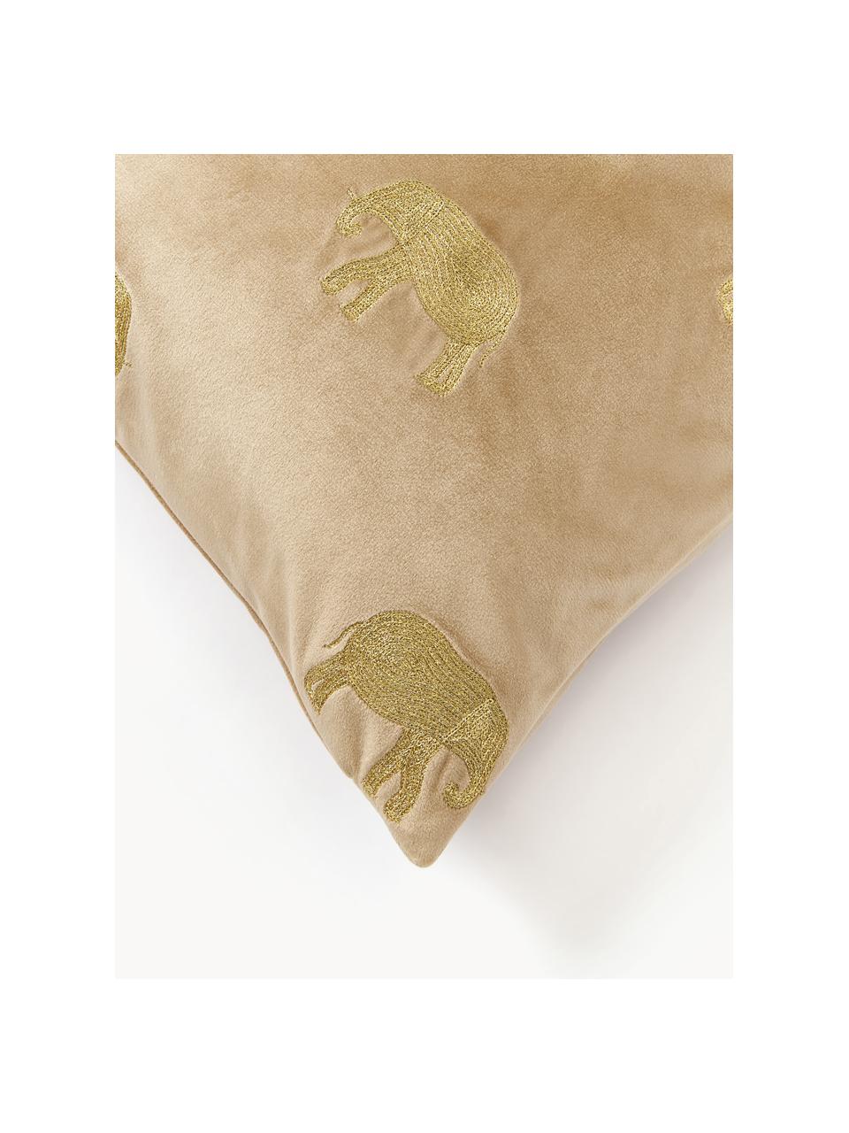 Funda de cojín bordada de terciopelo Elefco, 100% terciopelo de poliéster, Beige, dorado, An 45 x L 45 cm