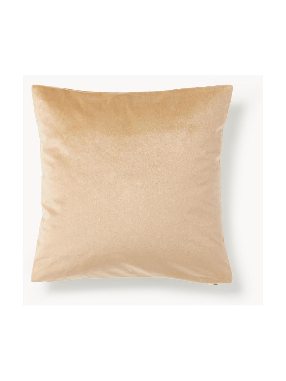 Poszewka na poduszkę z aksamitu z haftem Elefco, 100% aksamit poliestrowy, Beżowy, odcienie złotego, S 45 x D 45 cm