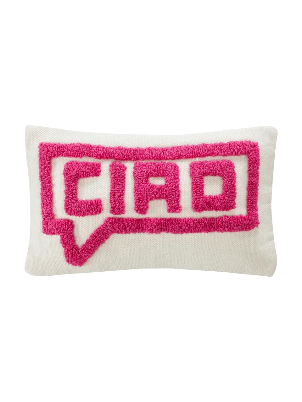 Design kussenhoes Ciao met getufte decoratie, Decoratie: 100 % wol, Crèmewit, roze, B 30 x L 50 cm