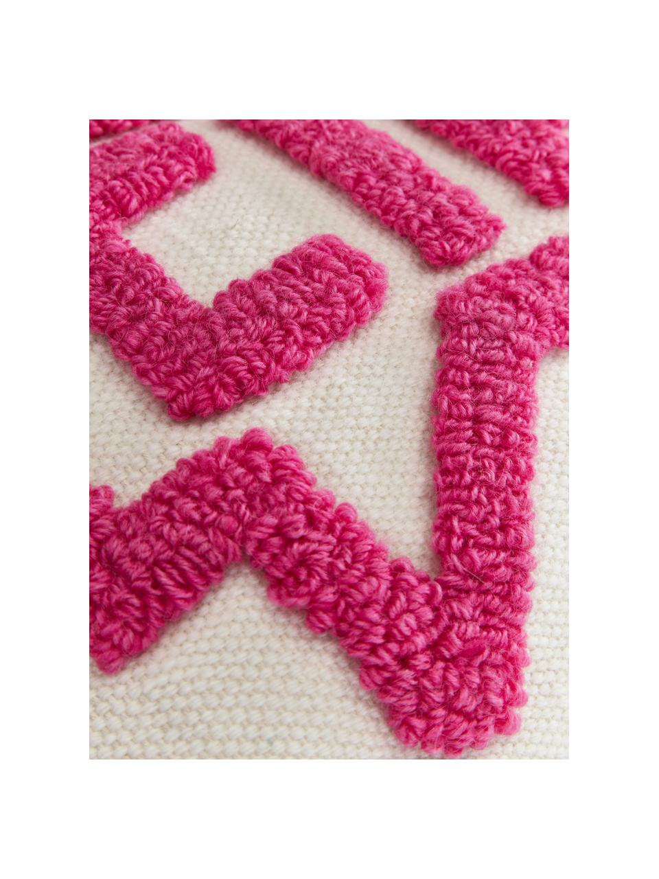 Design kussenhoes Ciao met getufte decoratie, Decoratie: 100 % wol, Crèmewit, roze, B 30 x L 50 cm