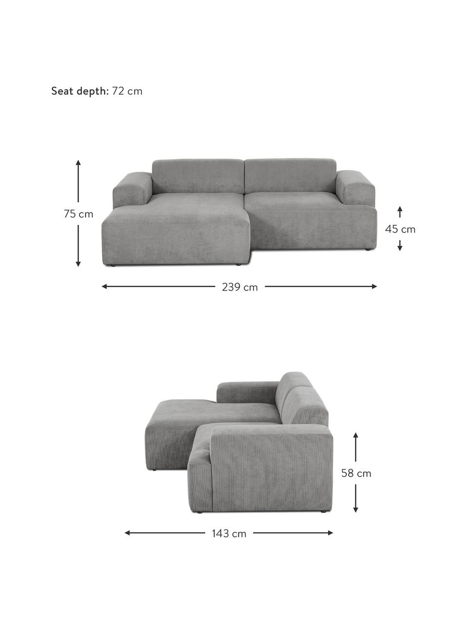 Divano angolare 3 posti in velluto a coste Melva, Rivestimento: velluto a coste (92% poli, Struttura: legno di pino massiccio, , Piedini: plastica, Velluto a coste grigio, Larg. 239 x Prof. 143 cm, chaise-longue a sinistra