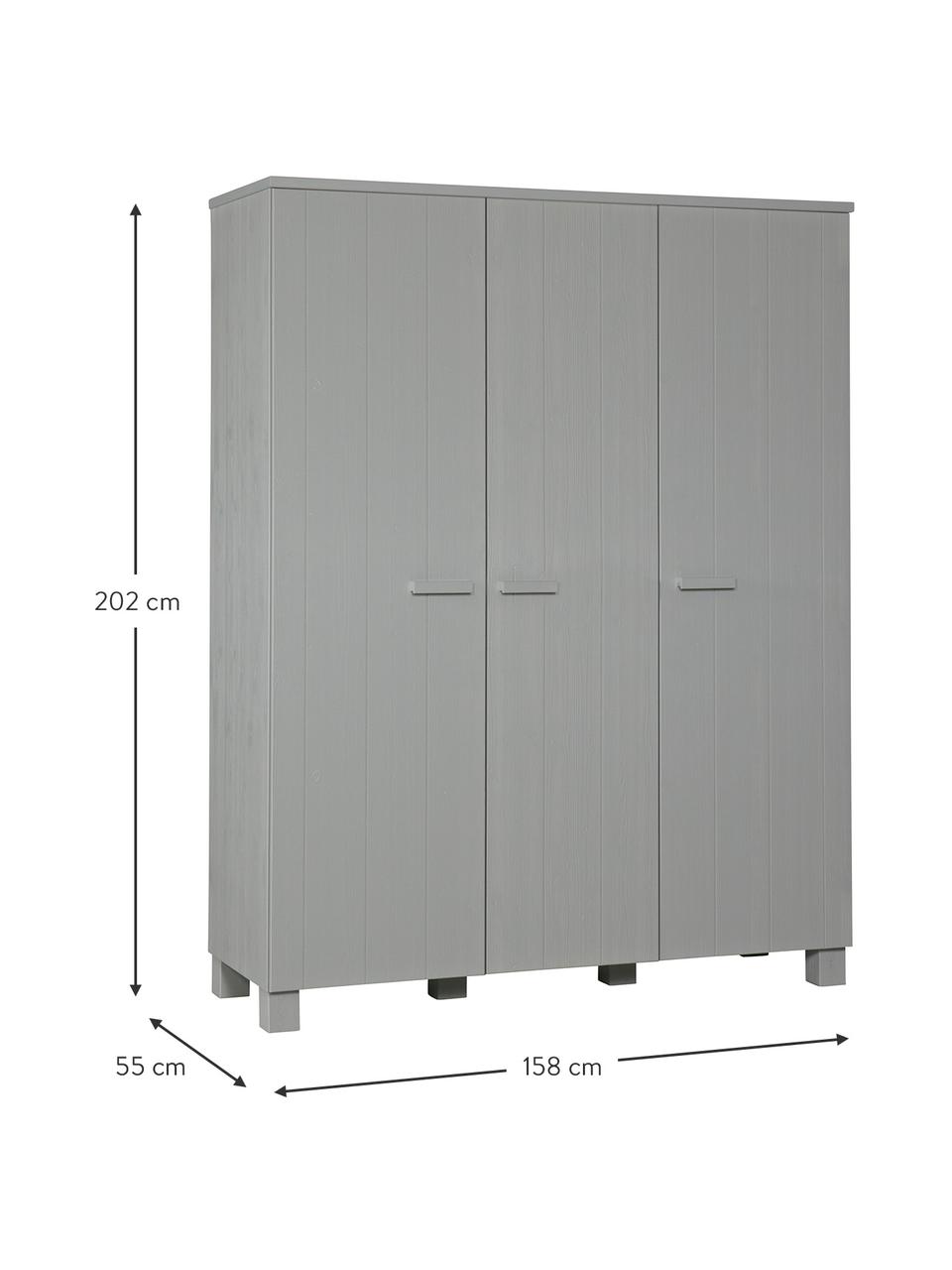 Armadio a 3 ante in legno grigio chiaro Dennis, Grigio cemento, Larg. 158 x Alt. 202 cm