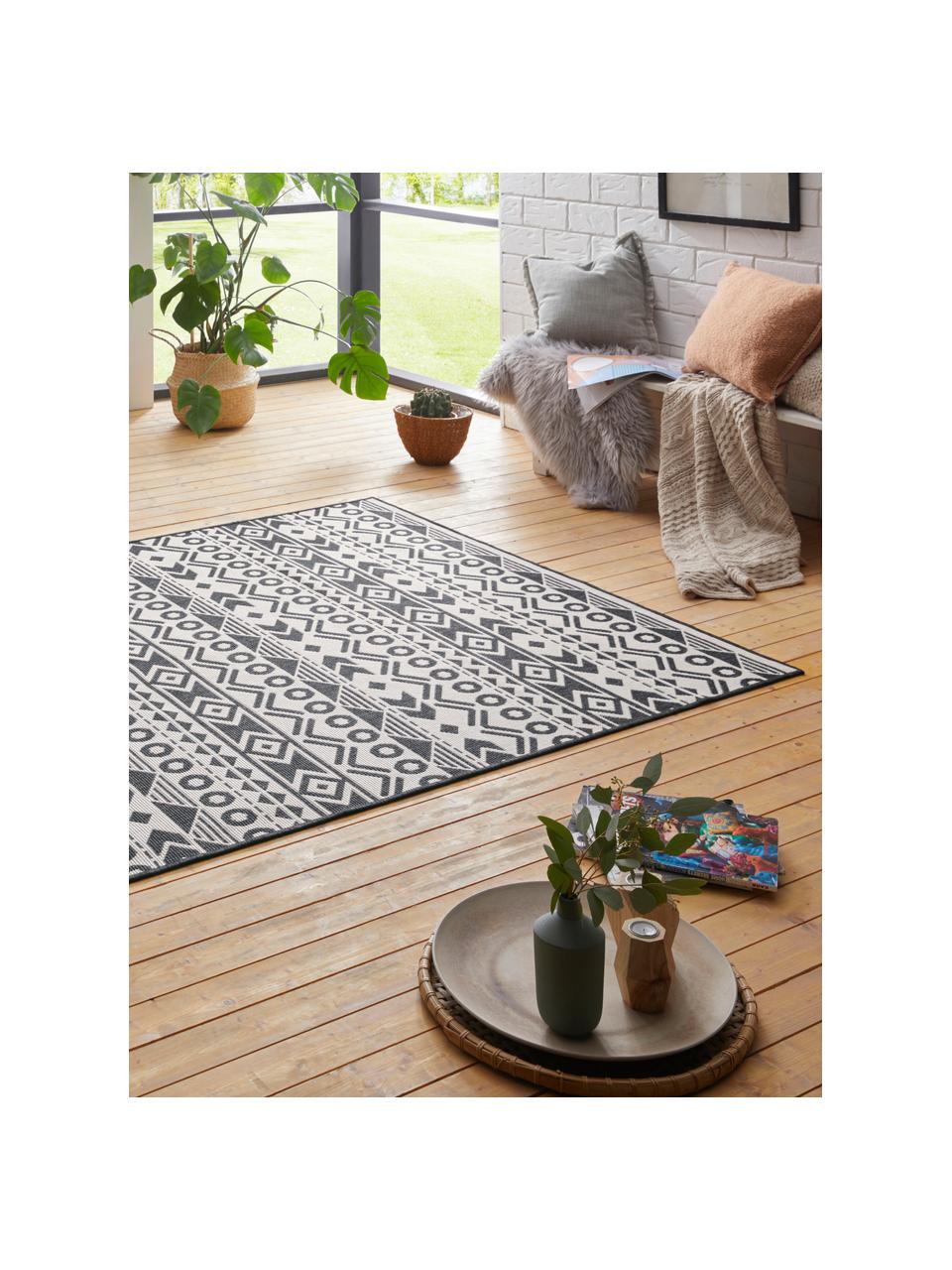 Dubbelzijdig in- en outdoor vloerkleed Baha met ethnopatroon, 100% polypropyleen, Zwart, lichtbeige, B 200 x L 290 cm (maat L)