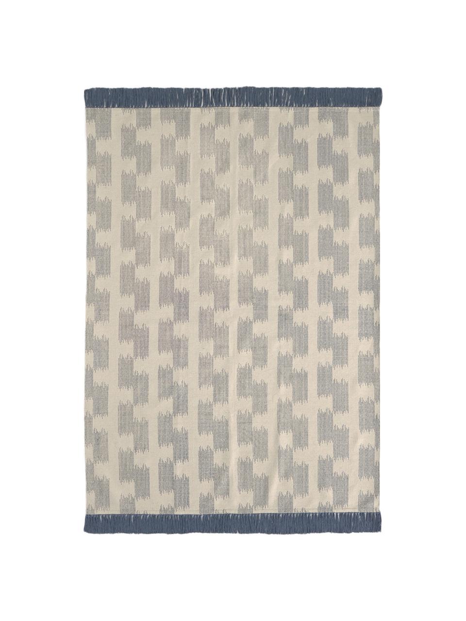 Tapis bleu beige à franges Fiji, Bleu, beige