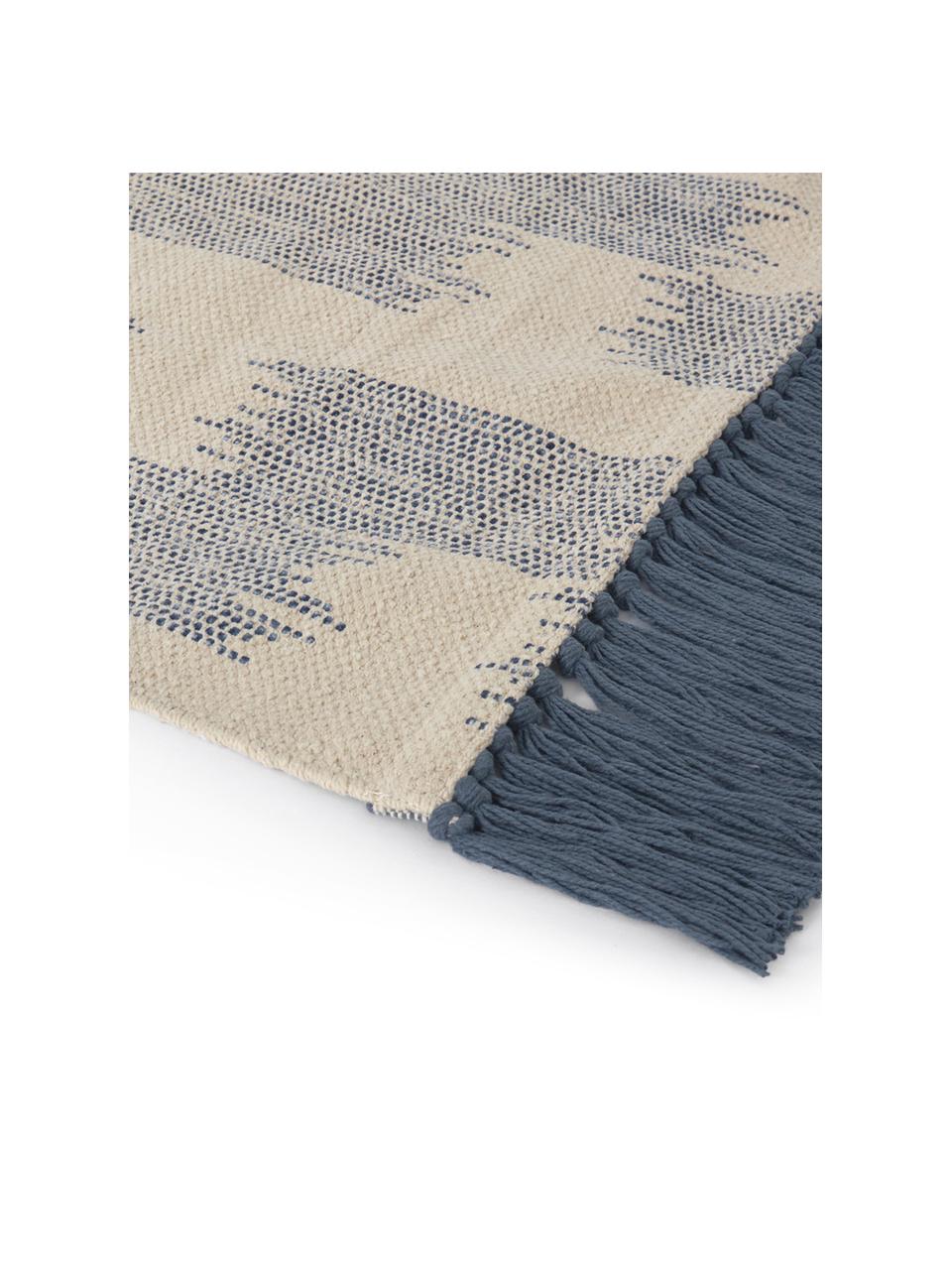 Teppich Fiji in Blau/Beige mit Fransen, 100% Baumwolle, Blau, Beige, B 150 x L 200 cm (Größe S)