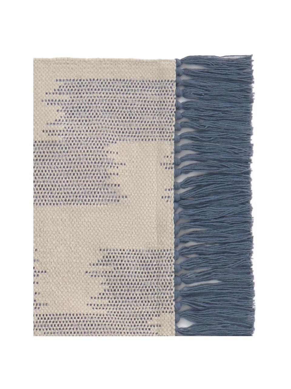 Tapis bleu beige à franges Fiji, Bleu, beige