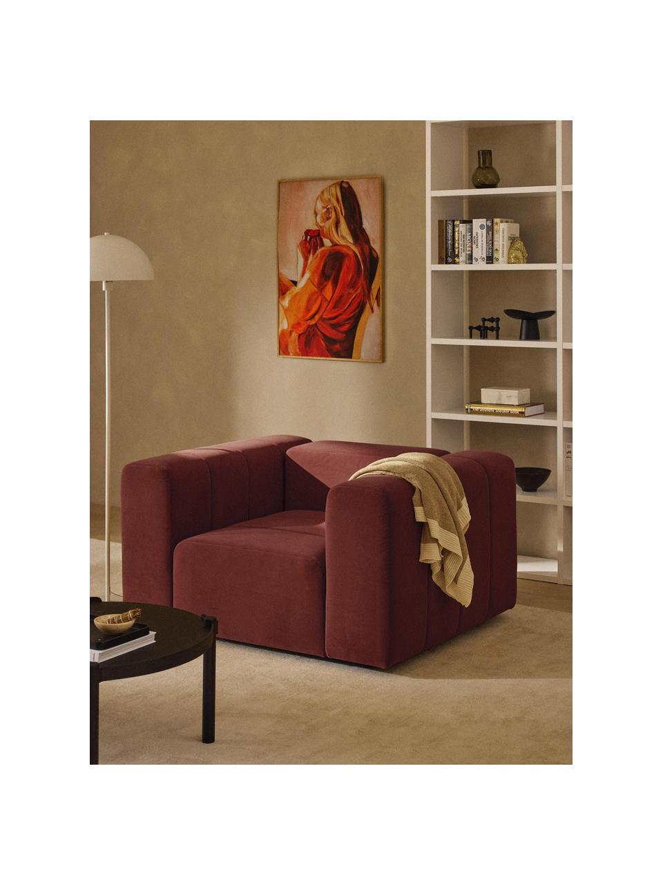 Poltrona lounge in velluto Lena, Rivestimento: velluto (100% poliestere), Struttura: legno di faggio, truciola, Piedini: plastica, Velluto rosso vino, Larg. 133 x Prof. 106 cm