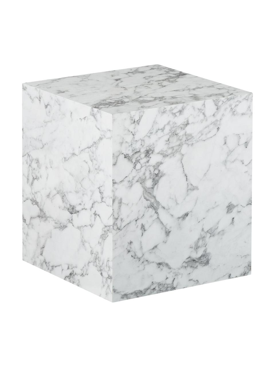 Stolik pomocniczy o wyglądzie marmuru Lesley, Płyta pilśniowa średniej gęstości (MDF) pokryta folią melaminową o wyglądzie marmuru, Biały, marmurowy, błyszczący, S 45 x W 50 cm