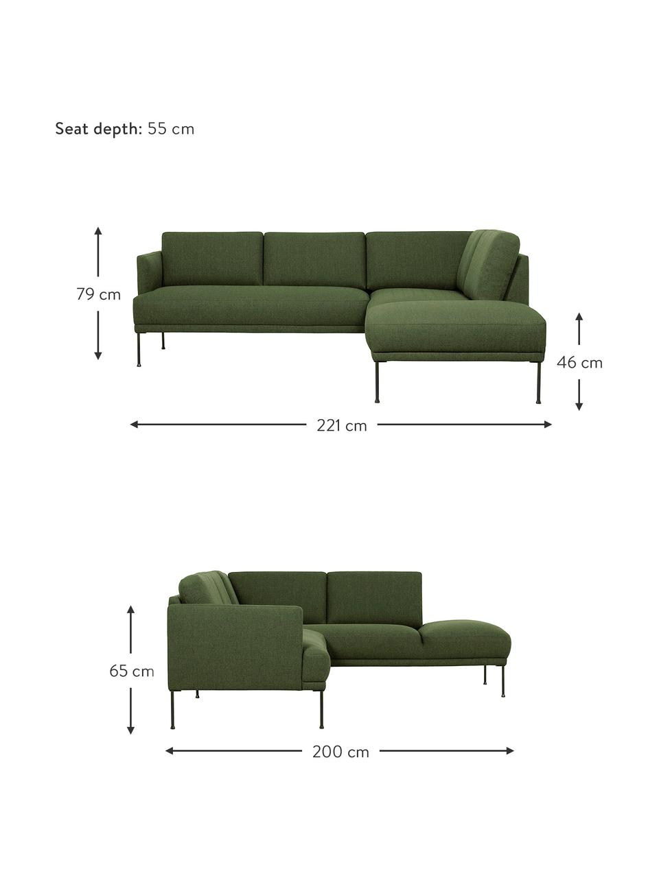 Canapé d'angle en tissu pieds en métal Fluente, Tissu vert foncé, larg. 221 x prof. 200 cm, méridienne à droite