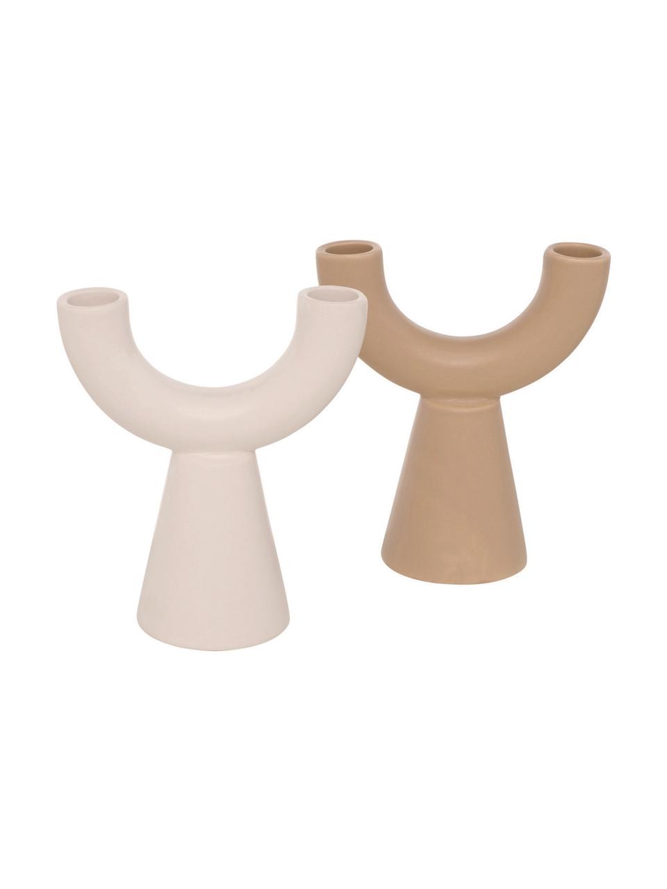 Kerzenhalter-Set Shalea aus Steingut in Weiß/Beige, 2-tlg., Steingut, Weiß, Beige, B 14 x H 16 cm