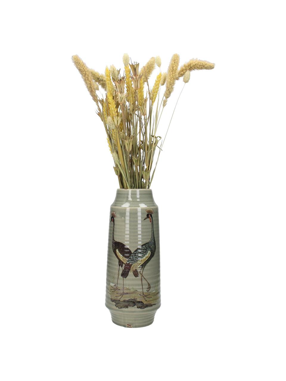 Grosse Vase Crane mit Motiv, Steingut, Grau, Mehrfarbig, Ø 13 x H 30 cm