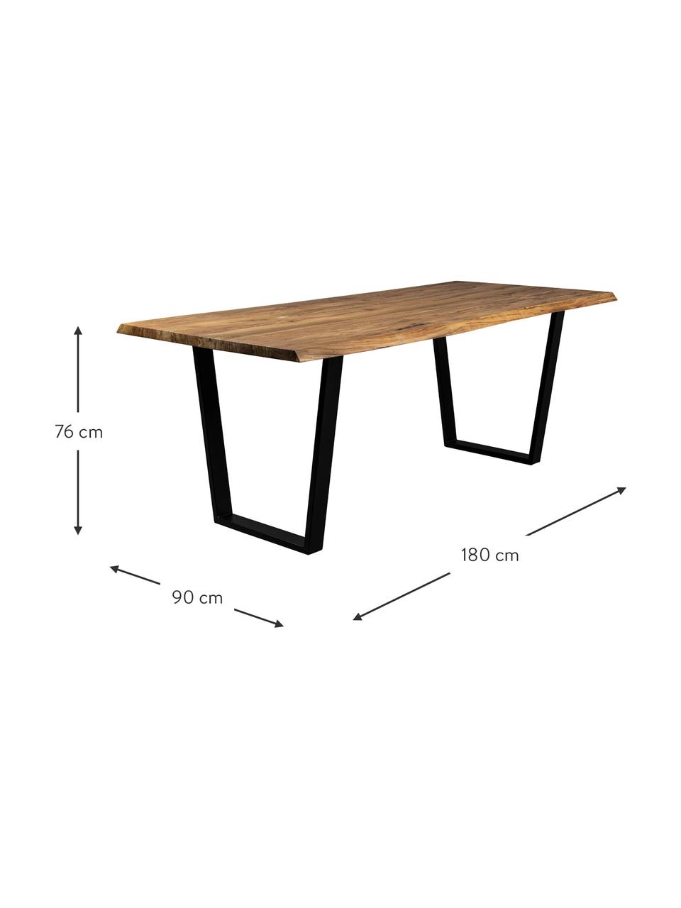 Eettafel Aka van acaciahout, verschillende formaten, Tafelblad: massief acaciahout, Frame: gepoedercoat metaal, Acaciahout, zwart, B 180 x H 90 cm