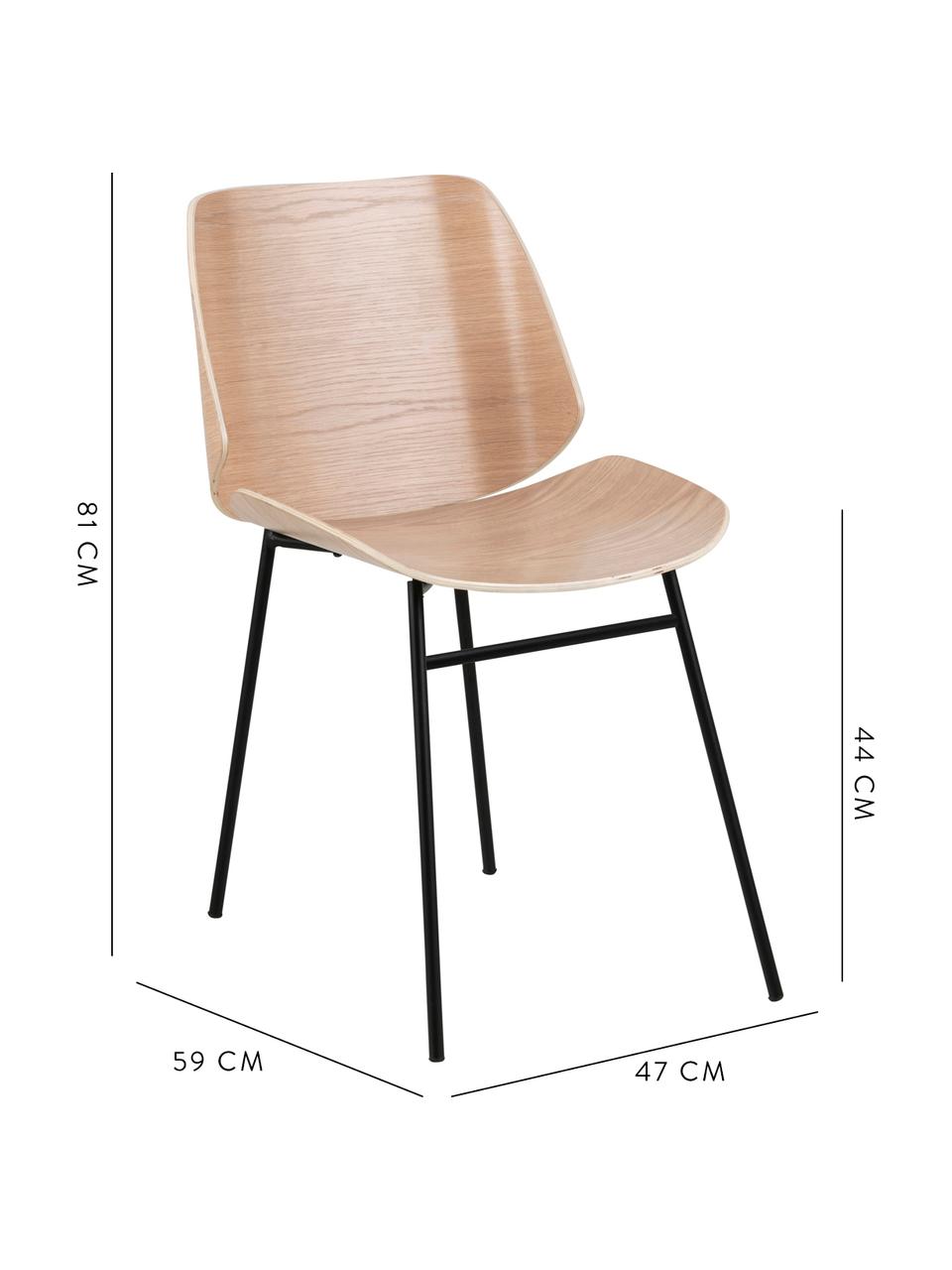 Sillas de madera Aks, 2 uds., Asiento: chapado en madera de robl, Patas: metal con pintura en polv, Roble, negro, mate, An 59 x F 47 cm