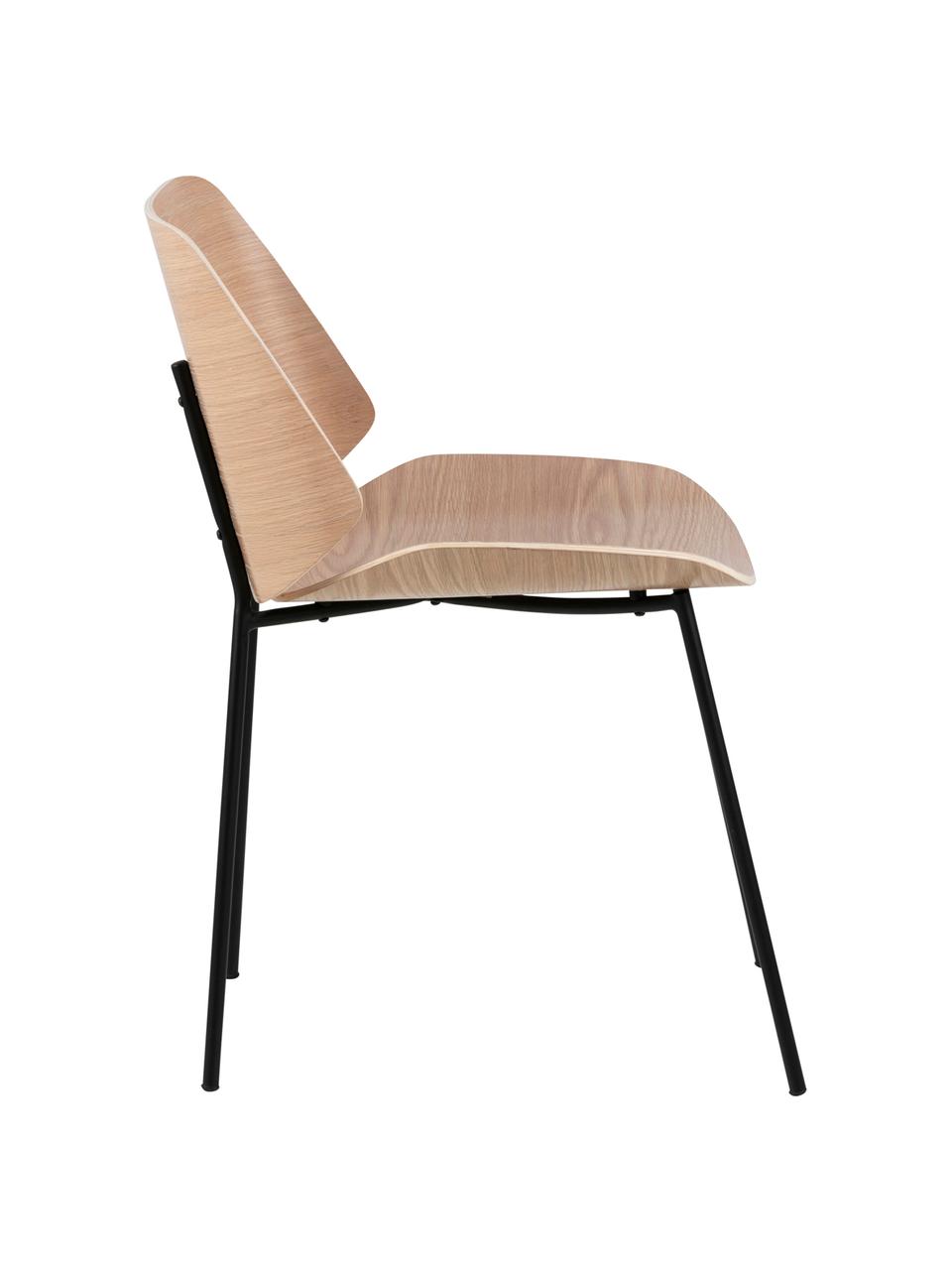 Houten stoelen Aks, 2 stuks, Zitvlak: gelakt eikenhoutfineer, Poten: gepoedercoat metaal, Eikenhoutkleurig, zwart, B 59 x D 47 cm