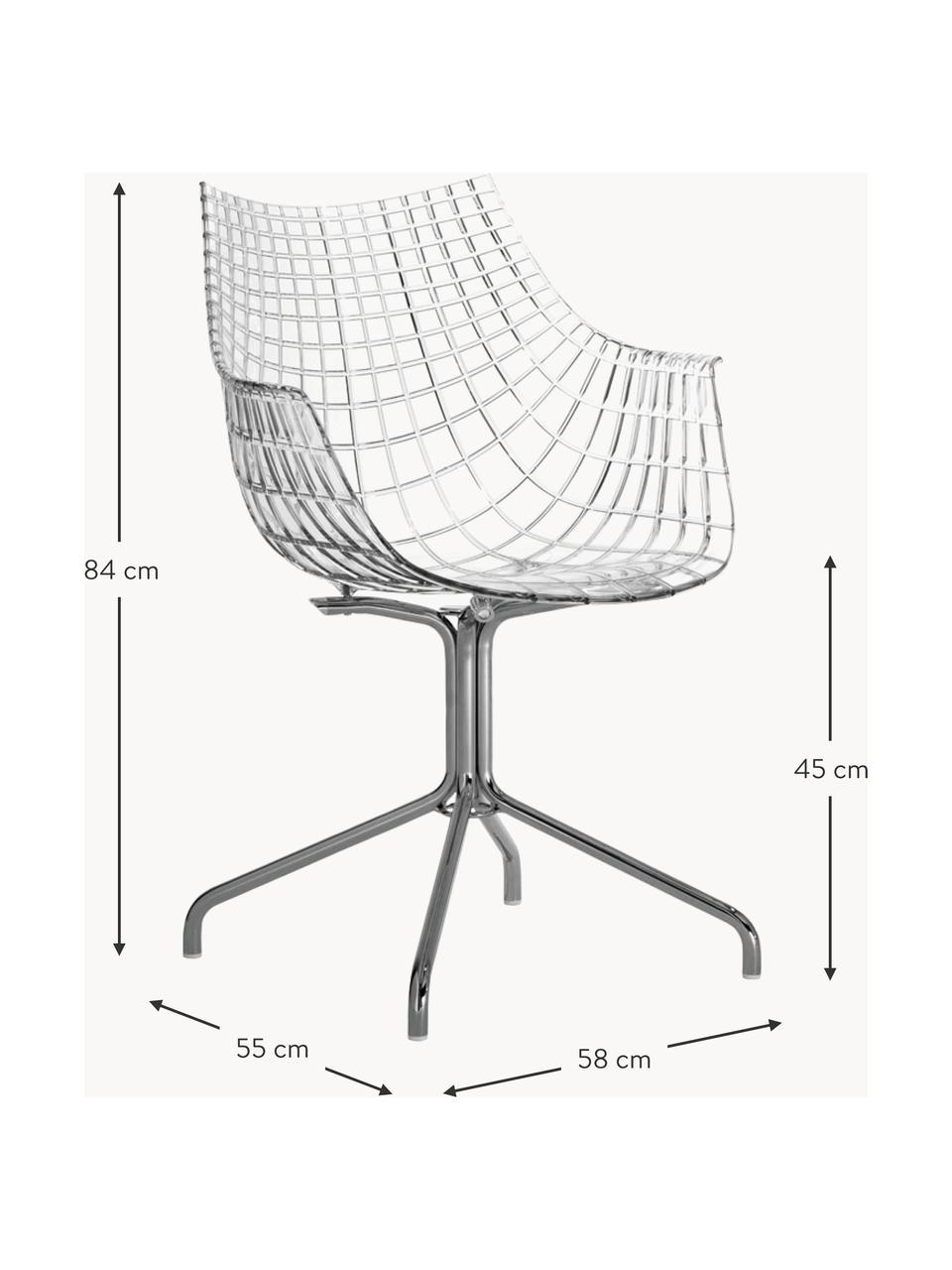 Draaibare kunststofen stoel Meridiana, Zitvlak: kunststof, Poten: verchroomd staal, Transparant, zilverkleurig, B 58 x D 55 cm