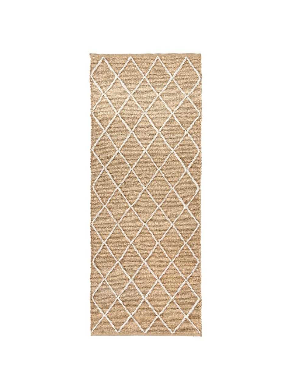 Tapis de couloir en jute fait main Kunu, 100 % jute

Au moins 50 % du textile contenu dans ce produit est composé de fibres de jute. La fibre de jute est une matière première qui se renouvelle rapidement et se caractérise notamment par une faible consommation d'eau lors de la cultivation et le traitement. En outre, ce matériau est entièrement biodégradable, Brun, blanc, larg. 80 x long. 200 cm