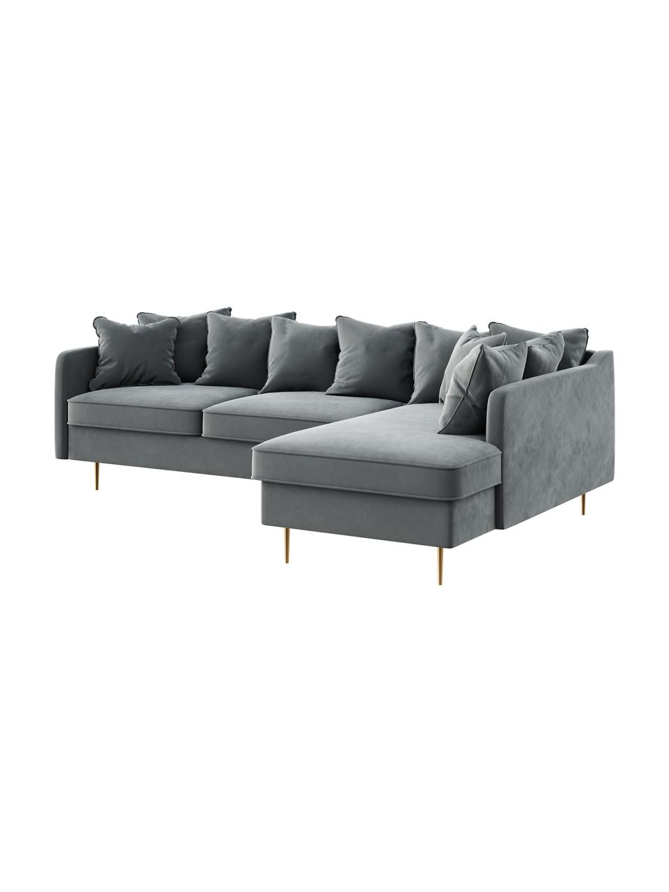 Sofá rinconera de terciopelo Esme (4 plazas), Tapizado: 100% terciopelo de poliés, Asiento: muelles ondulados, espuma, Estructura: madera dura, madera bland, Patas: metal recubierto, Terciopelo gris oscuro, An 255 x F 165 cm, chaise longue izquierda