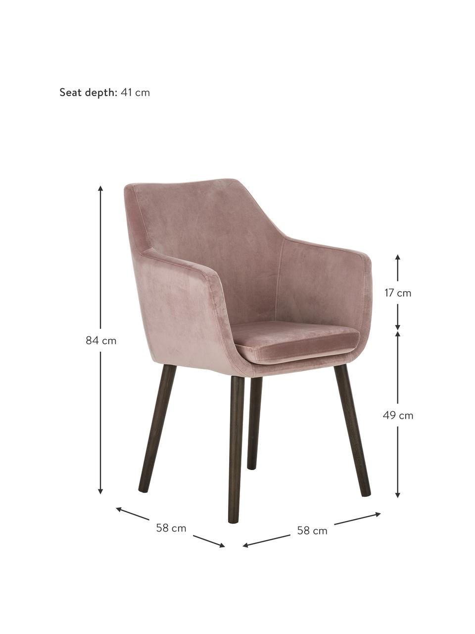 Silla con reposabrazos de terciopelo Nora, Tapizado: terciopelo de poliéster A, Patas: madera de roble curtida, Terciopelo rosa, An 58 x Al 84 cm