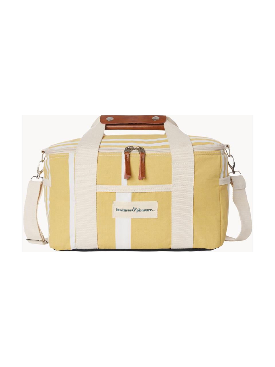 Borsa termica Retro, 40% cotone, 40% poliestere, 15% PVC riciclato, 5% pelle, Giallo, bianco crema, Larg. 32 x Alt. 20 cm