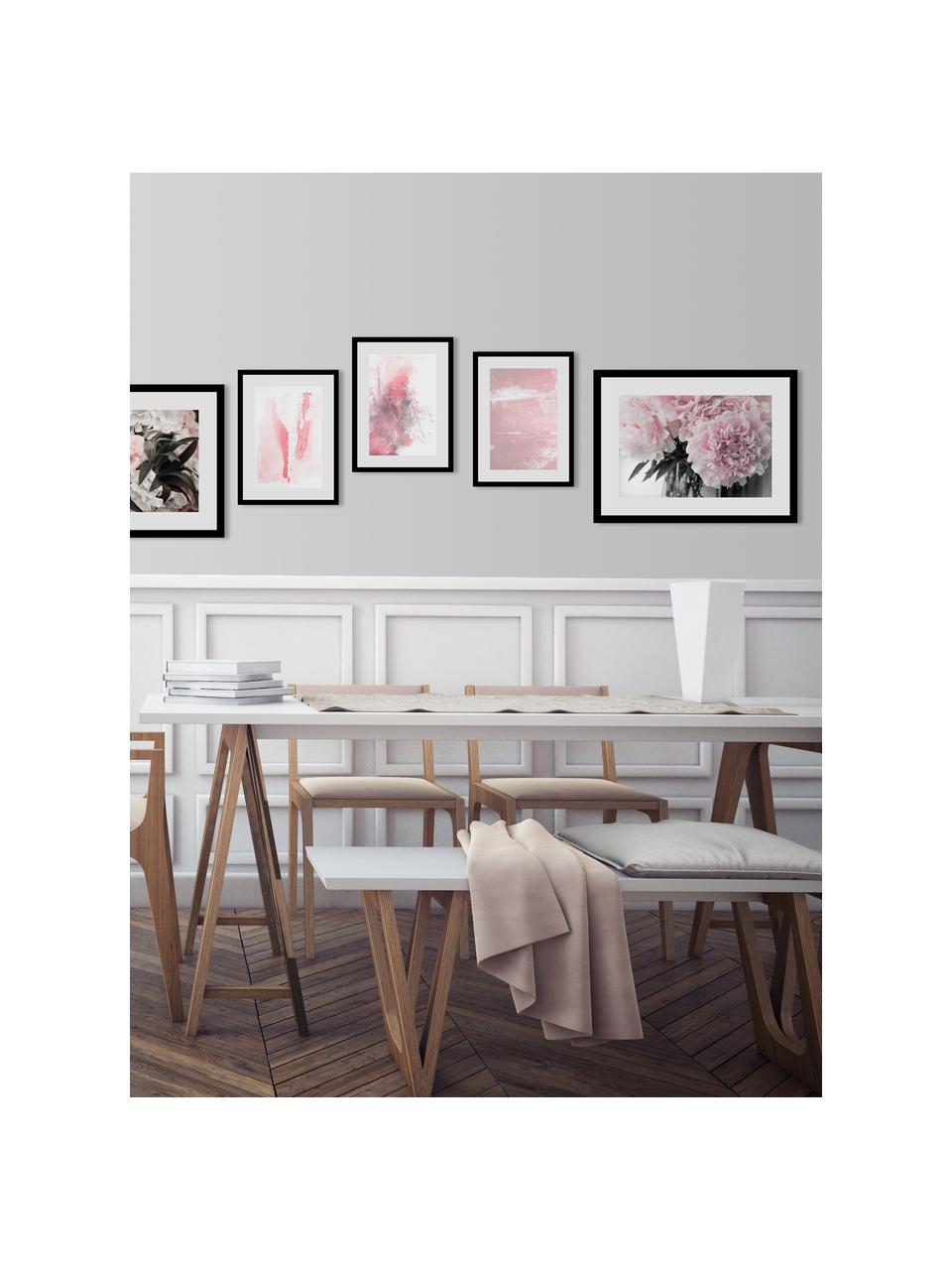 Stampa digitale incorniciata Pink Flowers, Immagine: stampa digitale, Cornice: struttura di legno reale, Immagine: rosa, bianco, verde scuro Cornice: nero, L 40 cm x A 30 cm