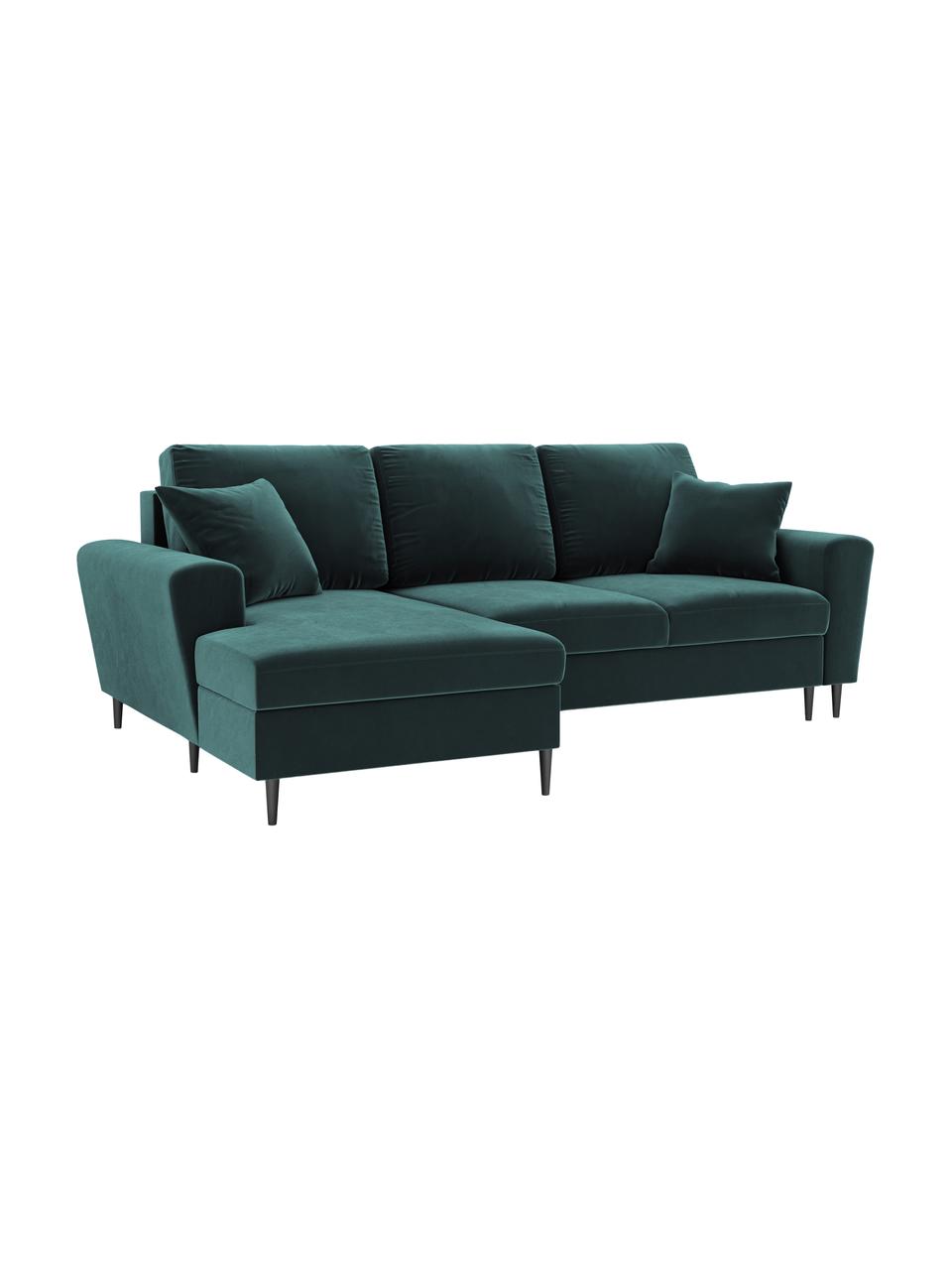 Sofa narożna z funkcją spania z miejscem do przechowywania Moghan (4-osobowa), Tapicerka: aksamit poliestrowy Dzięk, Stelaż: lite drewno sosnowe, skle, Nogi: metal lakierowany, Aksamit w kolorze petrol, czarny, S 241 x G 145 cm, prawostronna