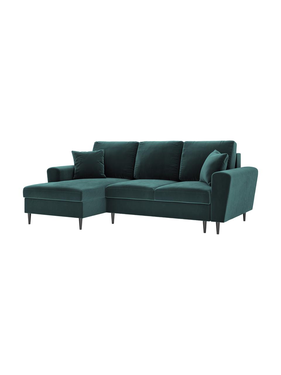 Sofa narożna z funkcją spania z miejscem do przechowywania Moghan (4-osobowa), Tapicerka: aksamit poliestrowy Dzięk, Stelaż: lite drewno sosnowe, skle, Nogi: metal lakierowany, Aksamit w kolorze petrol, czarny, S 241 x G 145 cm, prawostronna