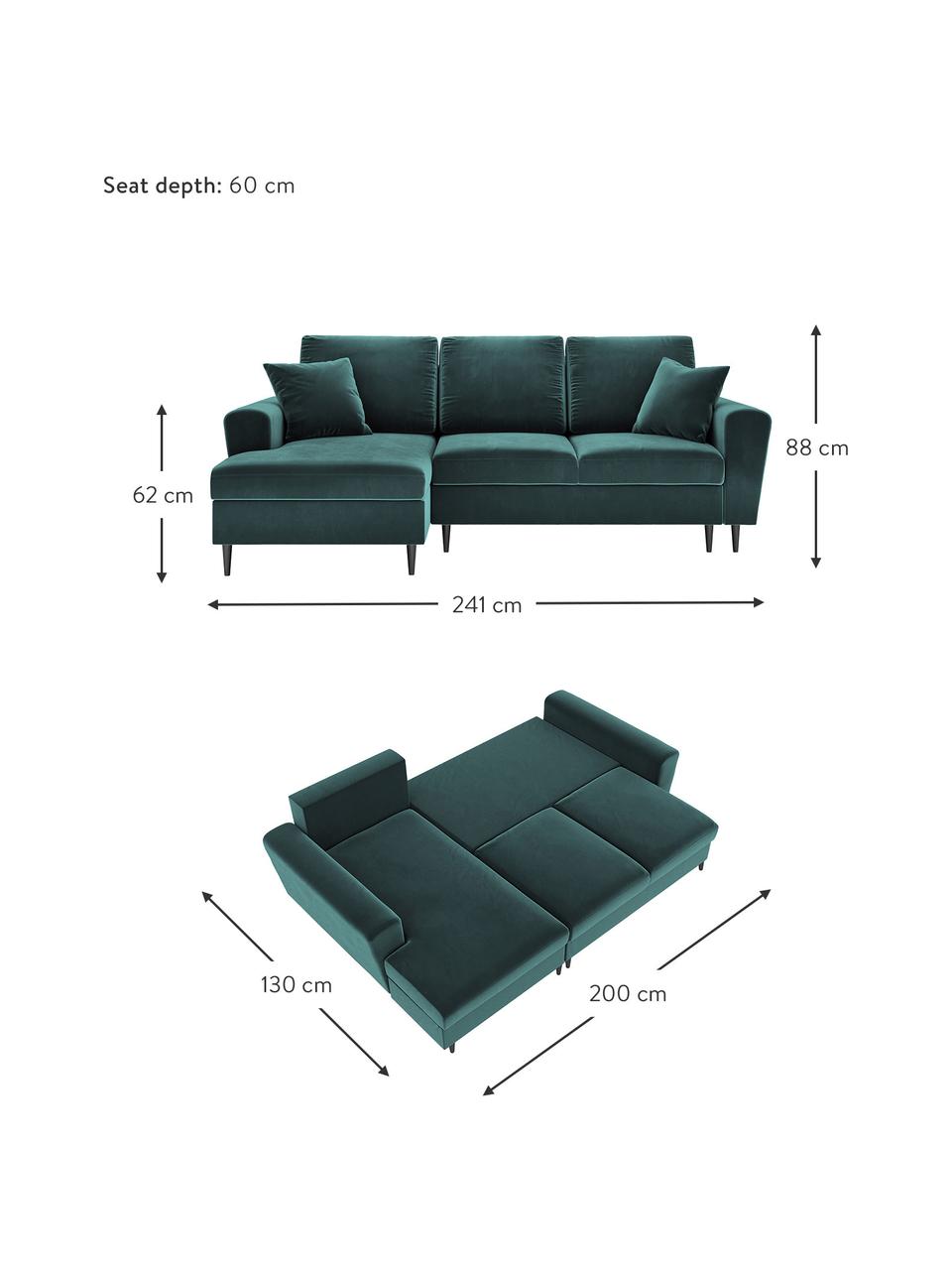 Sofa narożna z funkcją spania z miejscem do przechowywania Moghan (4-osobowa), Tapicerka: aksamit poliestrowy Dzięk, Stelaż: lite drewno sosnowe, skle, Nogi: metal lakierowany, Aksamit w kolorze petrol, czarny, S 241 x G 145 cm, prawostronna