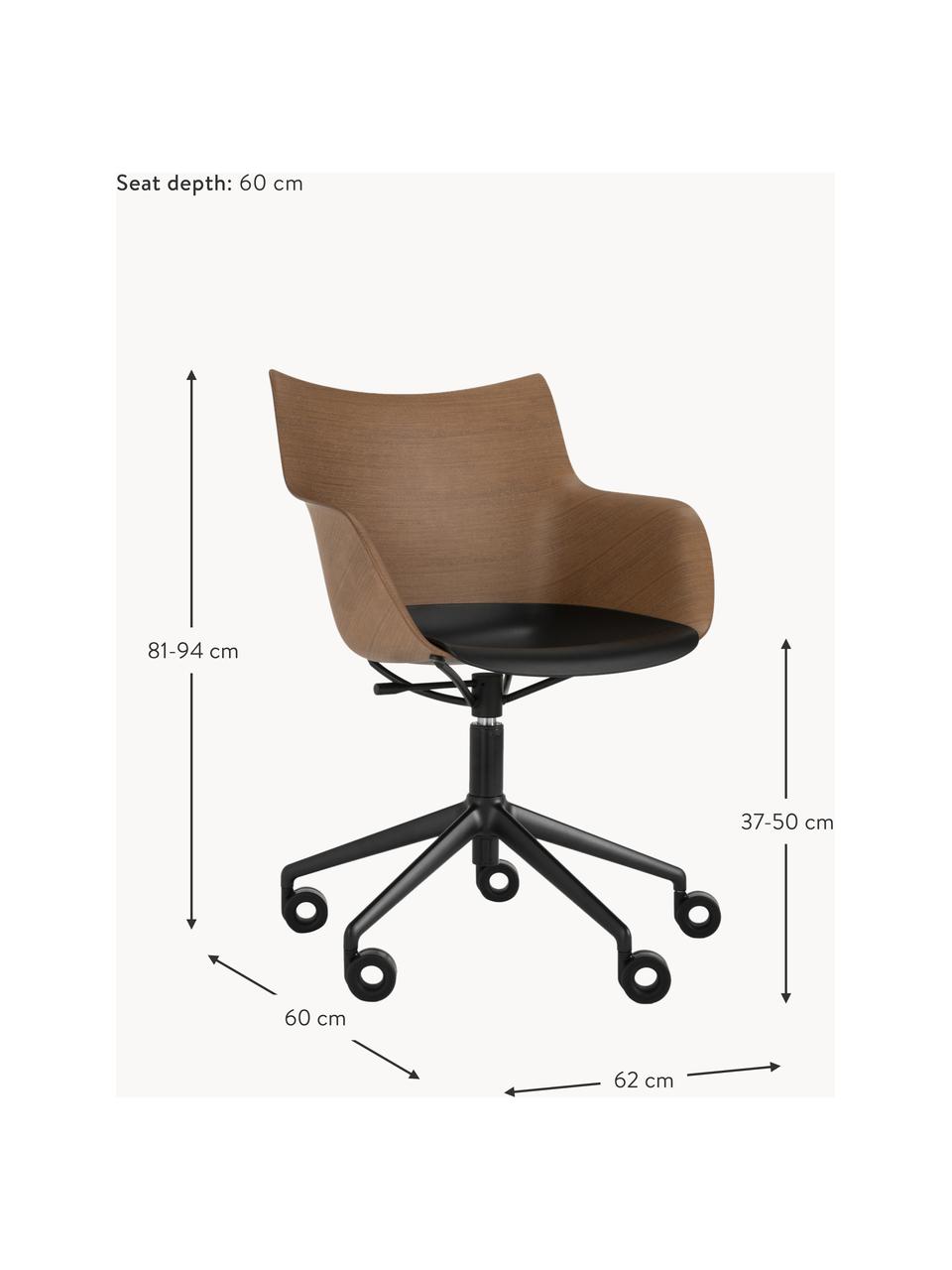 Q/Wood bureaustoel met armleuningen, in hoogte verstelbaar, Zitvlak: hout, kunststof, Frame: gelakt staal, Wieltjes: kunststof, Hout, zwart, B 62 x D 60 cm