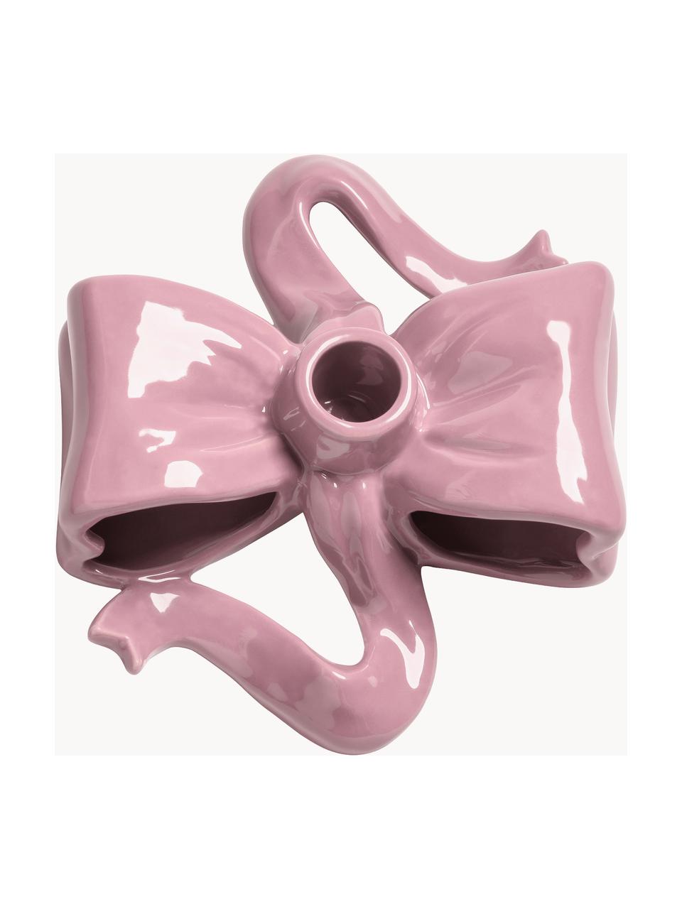 Candelabro fatto a mano Ribbon, Gres, Rosa chiaro lucido, Larg. 18 x Alt. 6 cm